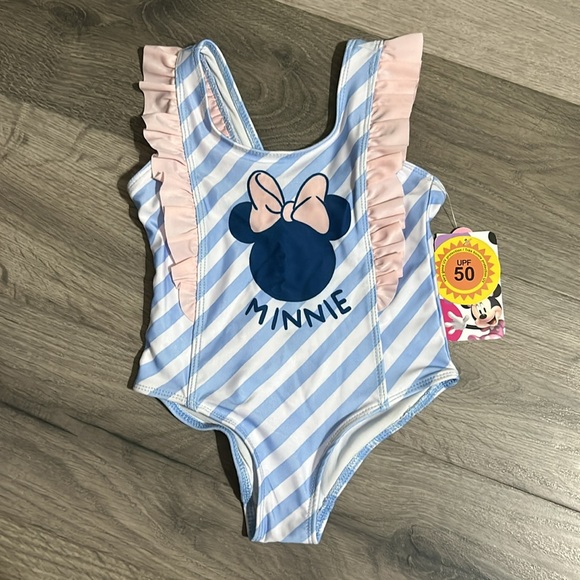 Minnie Mouse Baby Girl 1 Piece Ruffled Swimsuit, White/Blue/Pink - Picture 2 of 4